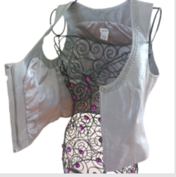 Vintage Cache' Soft Genuine Leather Zipped Front Vest Braided Trim Size 4 Grey - Picture 3 of 17